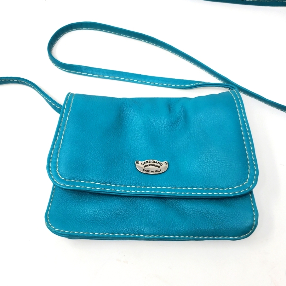 L'Artigiano Sorrentino Soft Teal Blue Leather Crossbody Spring Mini Bag Purse